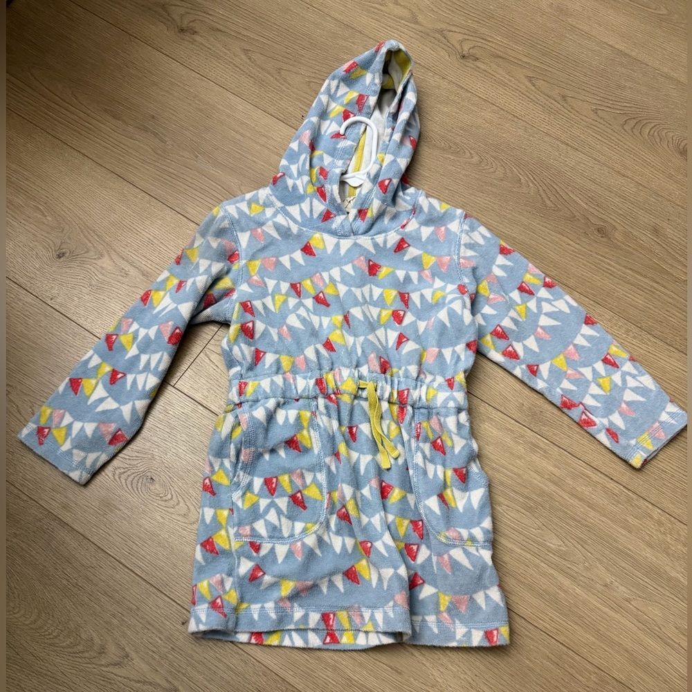 Mini Boden Girls Hooded Tunic in Light Blue with Red and Yellow Accents 5Y